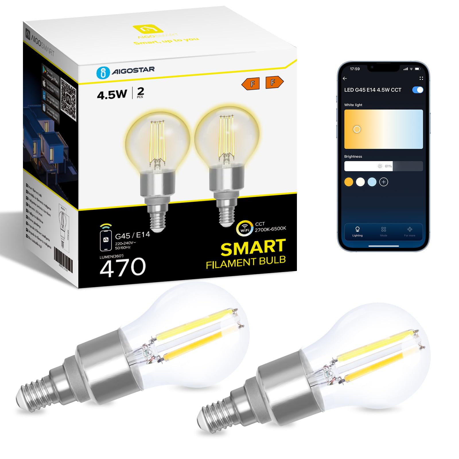 Aigostar Alexa Glühbirne E14, Smart LED Vintage Lampe, Smarte Glühbirne G45 Transparent Globe, 4.5W 470LM, Warmweiß Dimmbar 2700K -6500K, Kompatibel mit Alexa und Google Home, 2 Stücke