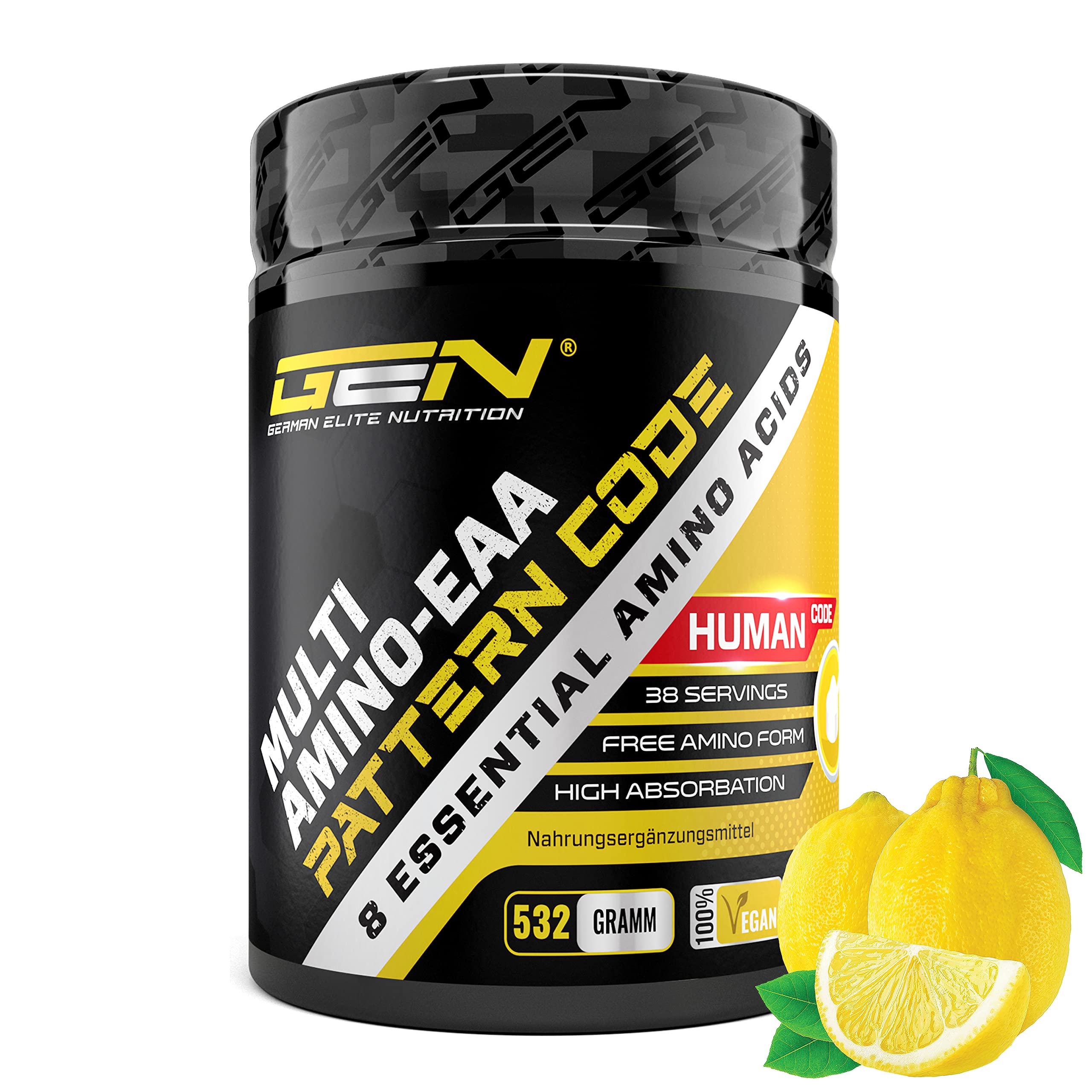 EAA Pulver - 532 g - Candy Lemon (Zitrone) - Human Code Formel - Alle 8 essentielle Aminosäuren - Amino Workout Drink - Leckerer Geschmack - Vegan