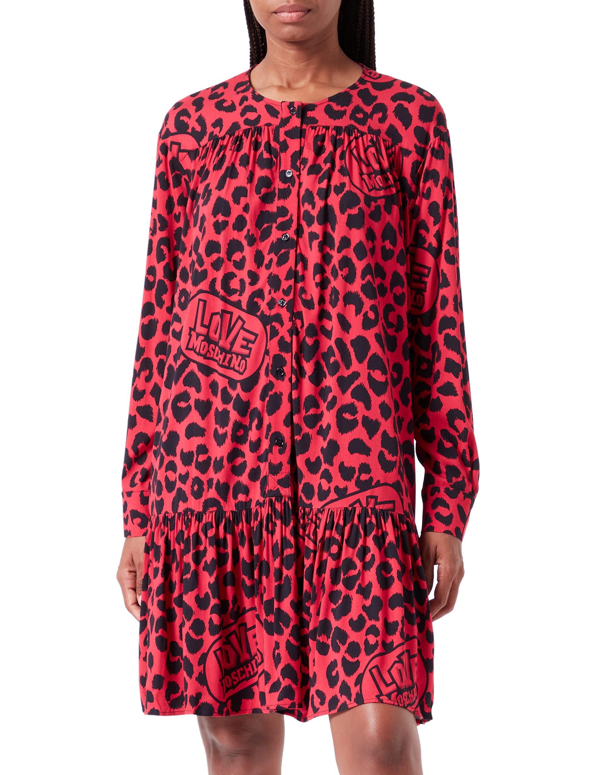 Love Moschino Damen Long Sleeves in Fluid Stretch Viscose Fabric With Brand Animalier Allover Print Dress, Red Black, 42 EU