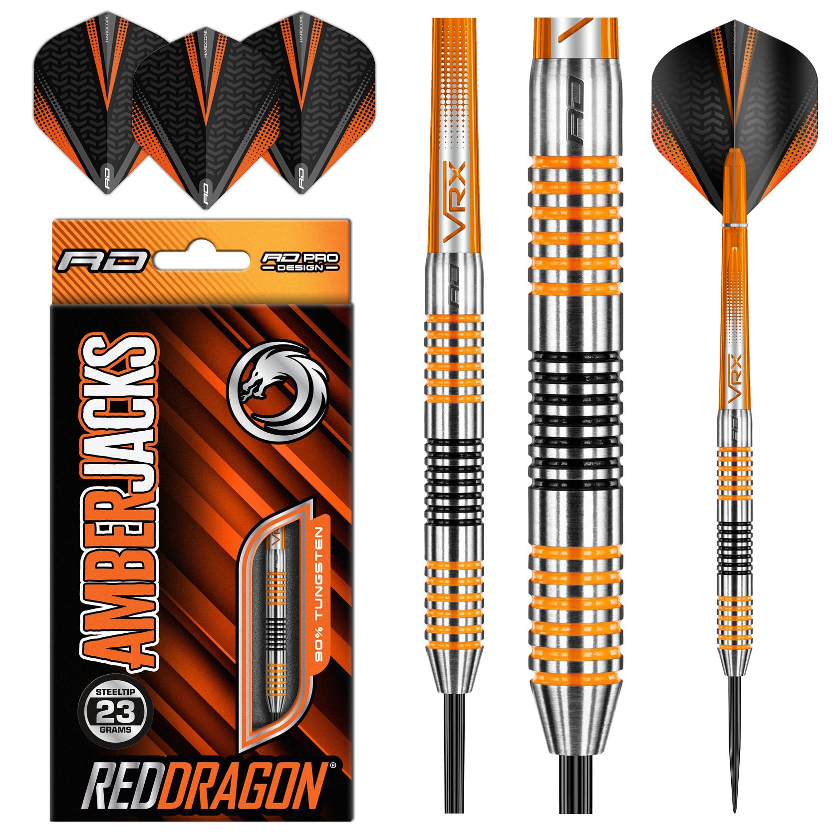 RED DRAGON Amberjack Series Steel Profi Dartpfeile Steeldarts Set mit Flights und Schäfte