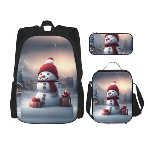 YQxwJL 3-in-1-Rucksack-Büchertaschen-Set, Schweine-Hintergrund, lässiger Reiserucksack, mit Federmäppchen, Lunchtasche, Merry Christmas Cute Snowman 1, Einheitsgröße