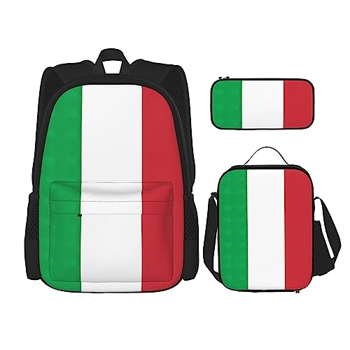 WURTON 3-in-1 Büchertaschen-Set mit italienischer Flagge, verstellbarer Schulter-Rucksack, Lunch-Tasche, Federmäppchen, Beutel, Schwarz, Einheitsgröße