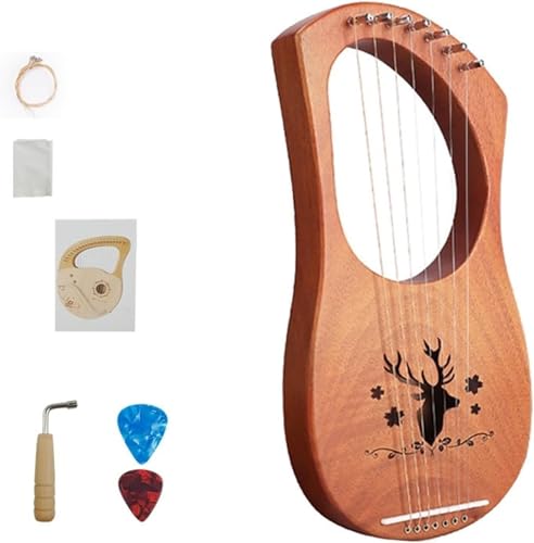 Massivholz Harfe Instrument 16 Saiten Tragbar 7 Saiten Zither Instrument Mit Saiten,Stimmschlüssel,Putztuch Und Pick (Color : 7 Tone Reindeer Log)