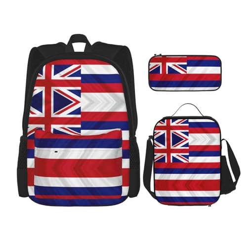 WURTON 3-in-1 Büchertaschen-Set, Motiv: Flagge von Hawaii, verstellbarer Schulter-Rucksack, Lunch-Tasche, Federmäppchen, Tasche, Schwarz, Einheitsgröße