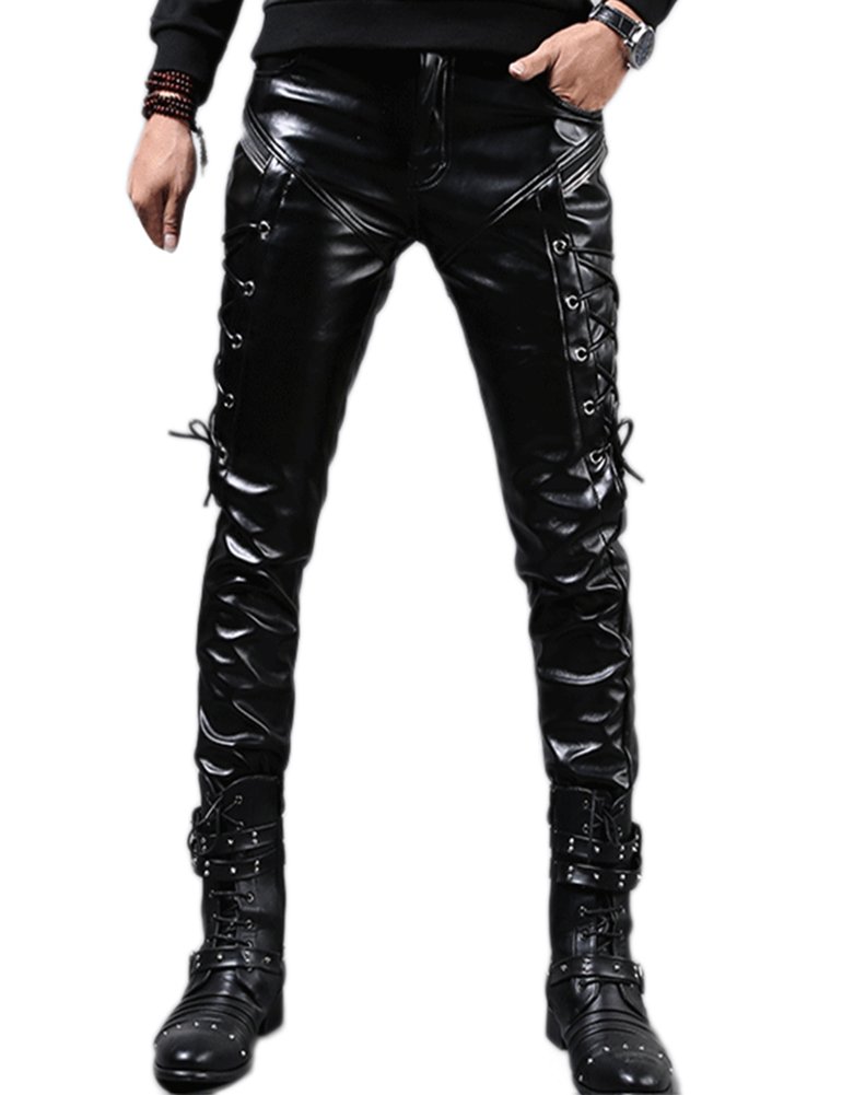 Idopy Herren Rock Steampunk Schnürhose aus PU-Leder Slim Fit - Schwarz - 47