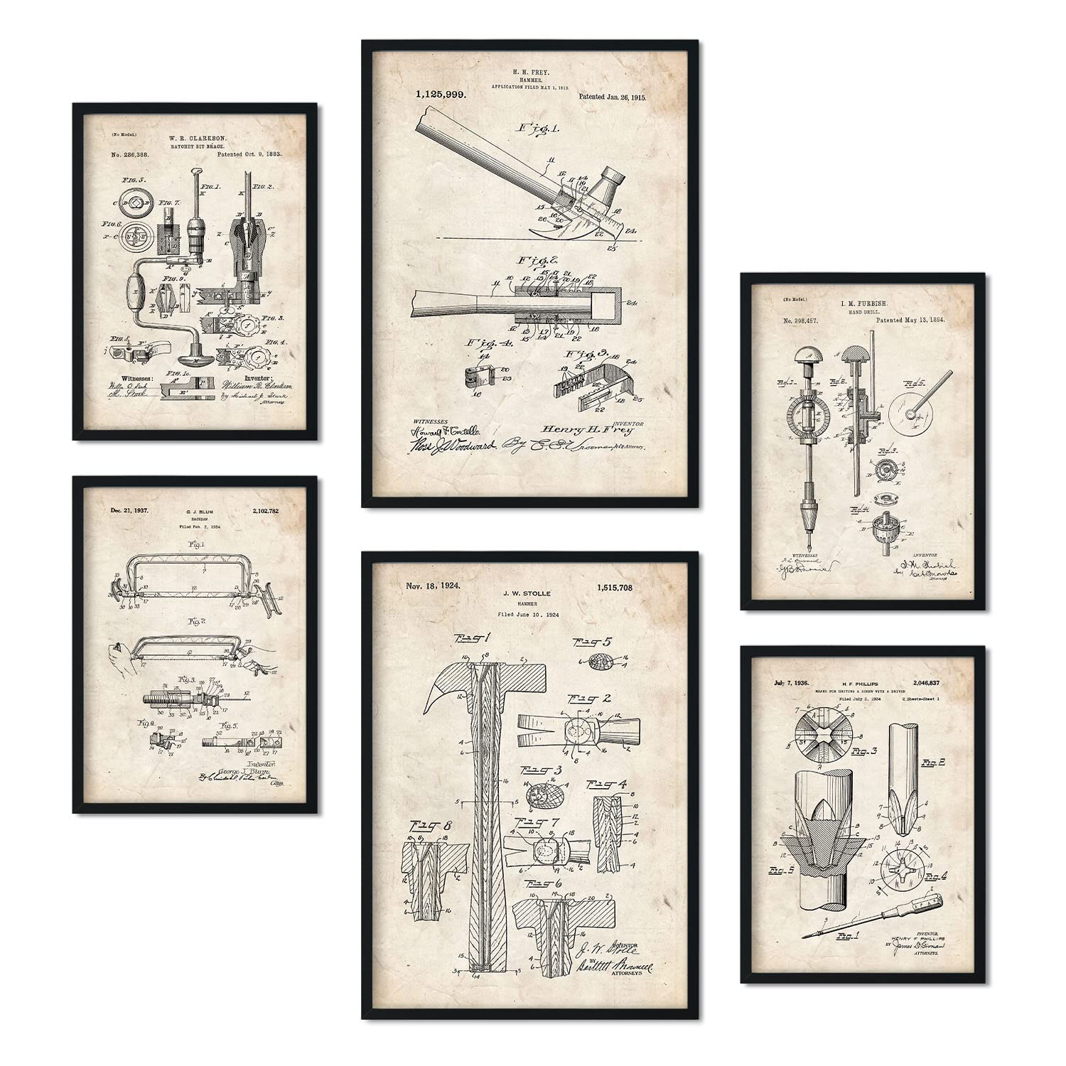 Nacnic Set von 6 Plakaten mit Bauwerkzeuge 2. Patenten. Plakate mit Retro-Patentabbildungen. Inneneinrichtung im Vintage-Stil. Grösse A4 und A3. Ohne Rahmen.