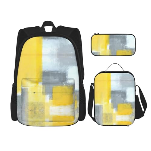 WURTON 3-in-1 Büchertaschen-Set, verstellbarer Schulter-Rucksack, Lunch-Tasche, Federmäppchen, grau-gelber Kunstdruck, Schwarz, Einheitsgröße