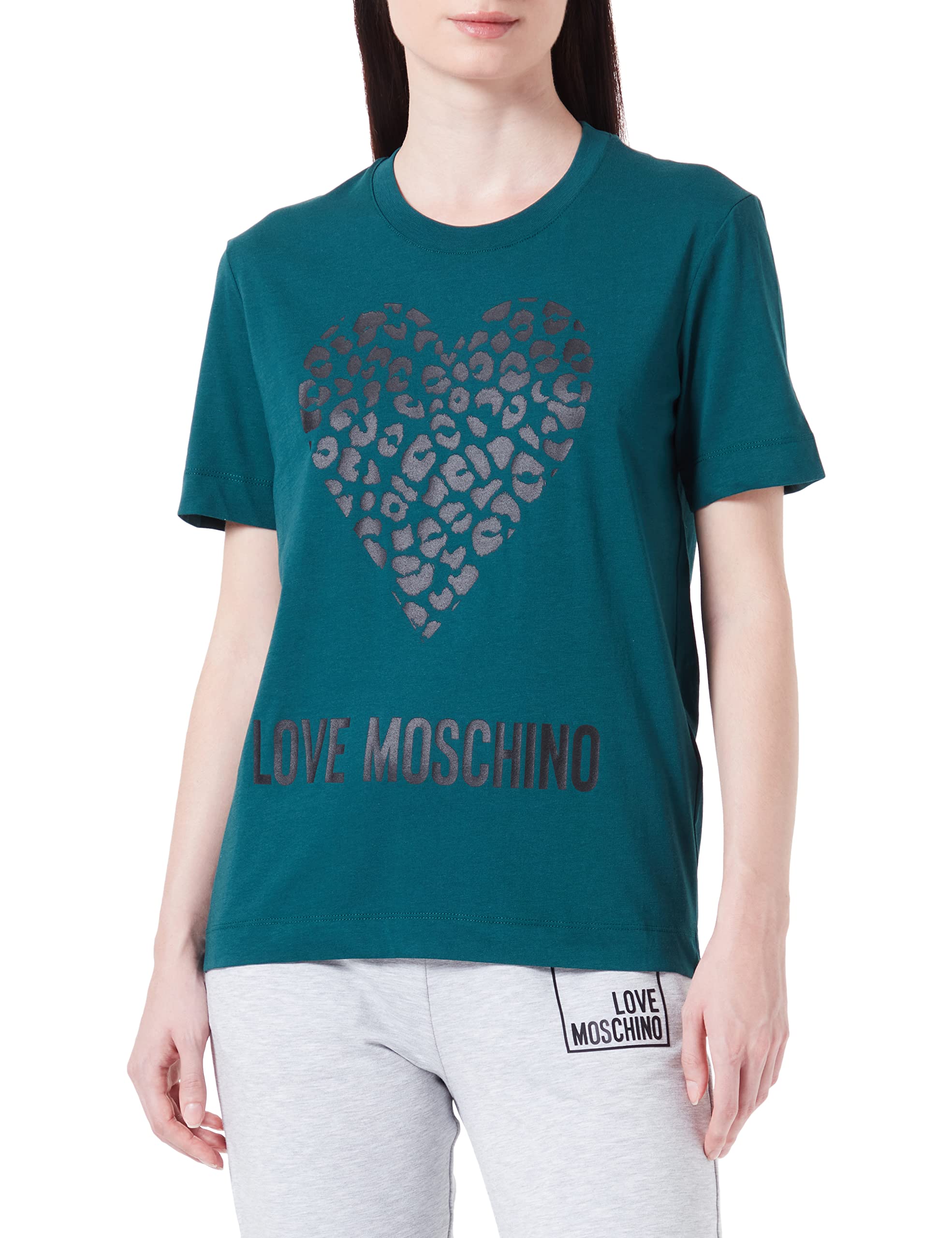 Love Moschino Damen Regular Fit Short Sleeves With Maxi Animalier Heart And Logo T Shirt, Grün, 44 EU