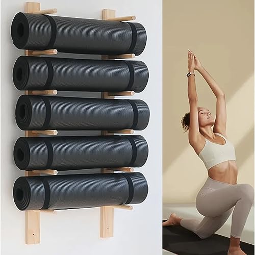 Yogamatten-Halter, Wandhalterung, 6 Etagen, Holz-Yogamatten-Aufbewahrungsregal, Heim-Fitnessstudio-Aufbewahrung zur Aufbewahrung von Fitness, Yogamatten-Rack, Wandhaken, Fitnessstudio-Organizer