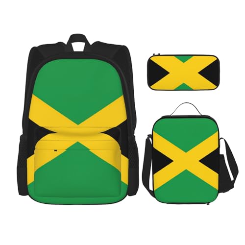 WURTON Flagge von Jamaika Druck Reise Lunchbox Federmäppchen Rucksack Set 3 Stück Verstellbare Träger Leicht, Schwarz, Einheitsgröße, Schwarz, One Size