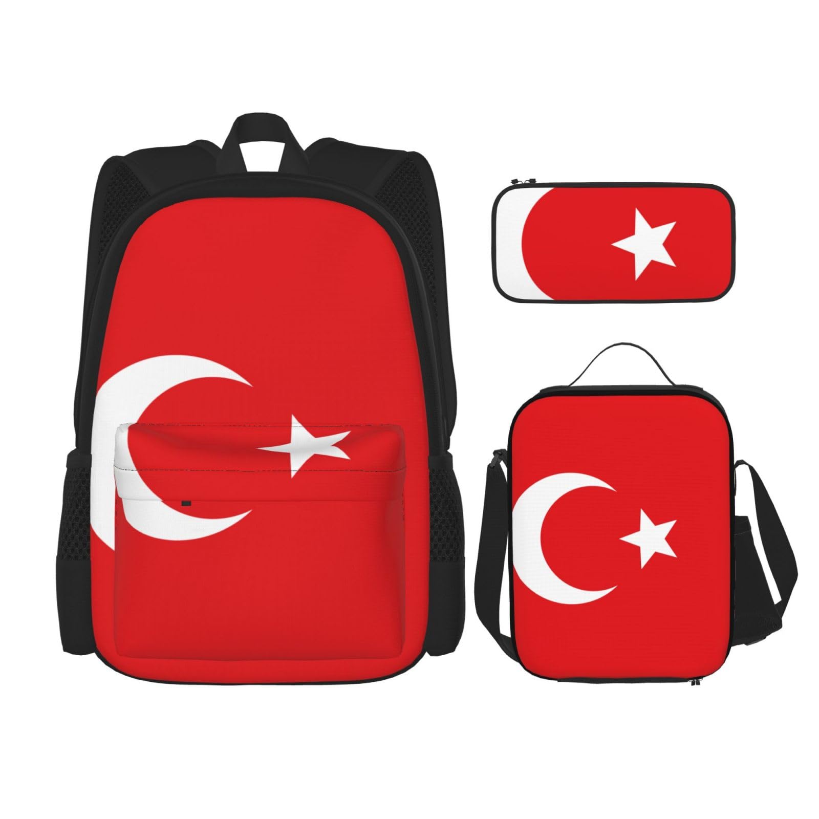 WURTON Trendige Rucksacktaschen und Federmäppchen, 3-in-1-Rucksack-Set, Motiv: Flagge der Türkei, verstellbarer Rucksack, Schwarz , Einheitsgröße