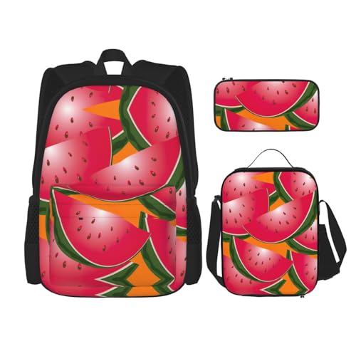 WURTON Reifer Rucksack mit Wassermelonen-Druck, Schulterrucksack, 3-in-1, Büchertaschen-Set, Lunchbox, Federmäppchen, Reise-Laptop, Tagesrucksäcke, Schwarz, Einheitsgröße