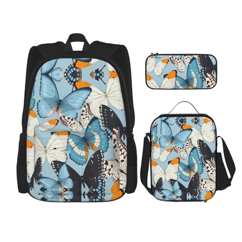 WURTON Schulrucksack-Set mit Schmetterlings-Aufdruck, 3-in-1-Büchertaschen-Set mit Lunchbox, Federmäppchen, Reise-Laptop, Tagesrucksäcke