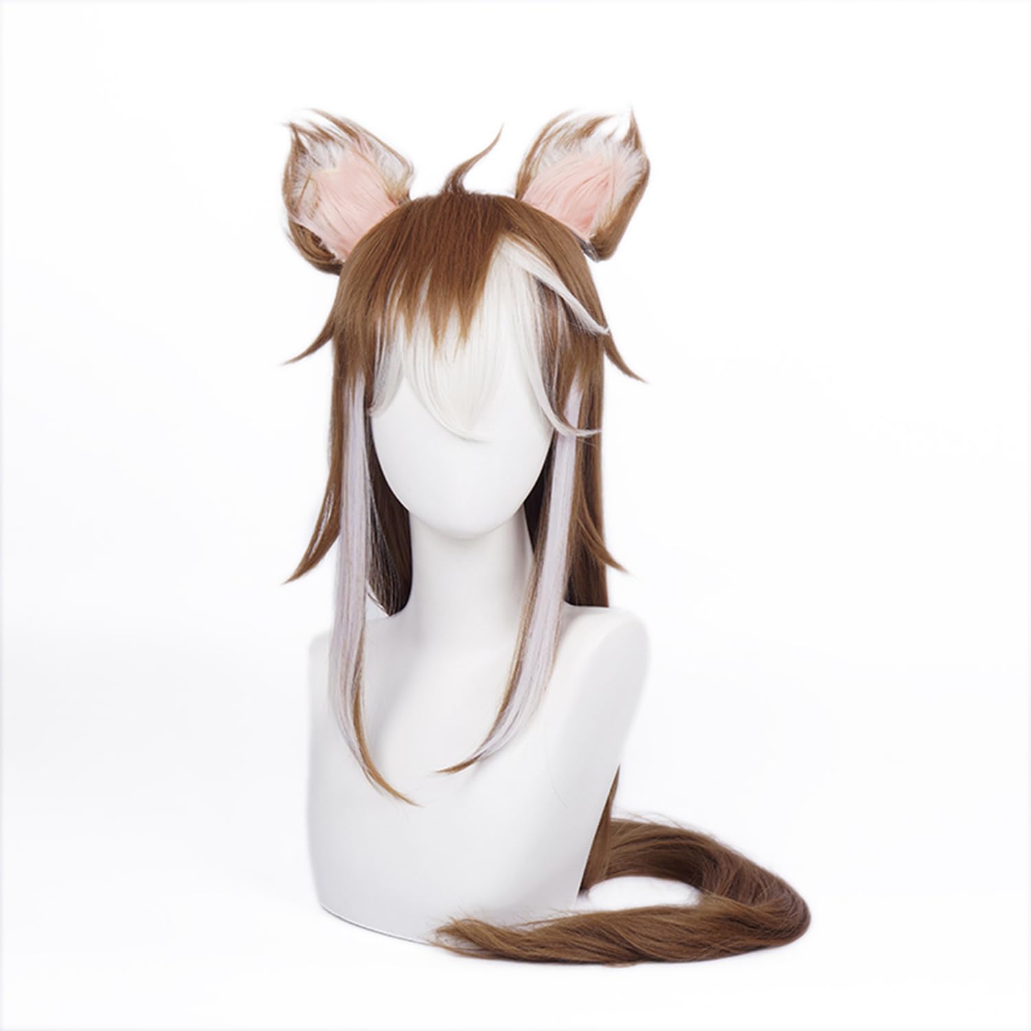 Cosplay Anime Synthetik Perücke, Braune Mischung aus weißen Langhaarperücken, Anime-Kostümperücke mit glattem Haar und Pony und zwei Ohren