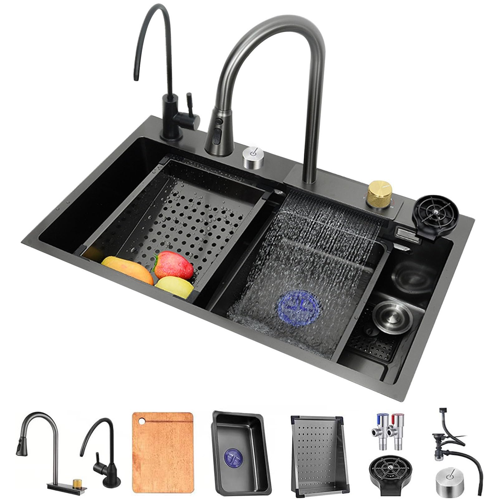 Küchenspüle, 304 Edelstahl Nano Wasserfall Spüle, Einzelarbeitsplatz Spüle Mit Flying Rain Pull-Out Wasserhahn, Pressurized Cup Washer (Color : Black Grey-B, S : 80x45x21cm)