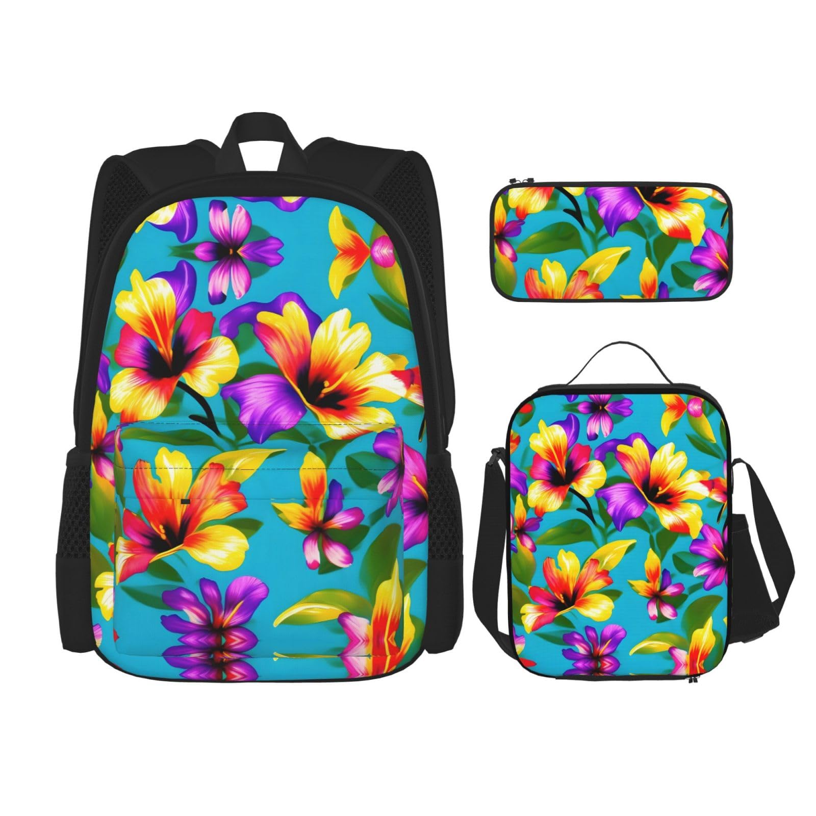 WURTON Reise-Lunchbox, Federmäppchen, Rucksack-Set, 3-teilig, verstellbare Riemen, leicht, Hawaii-Blumendruck, Schwarz, Einheitsgröße