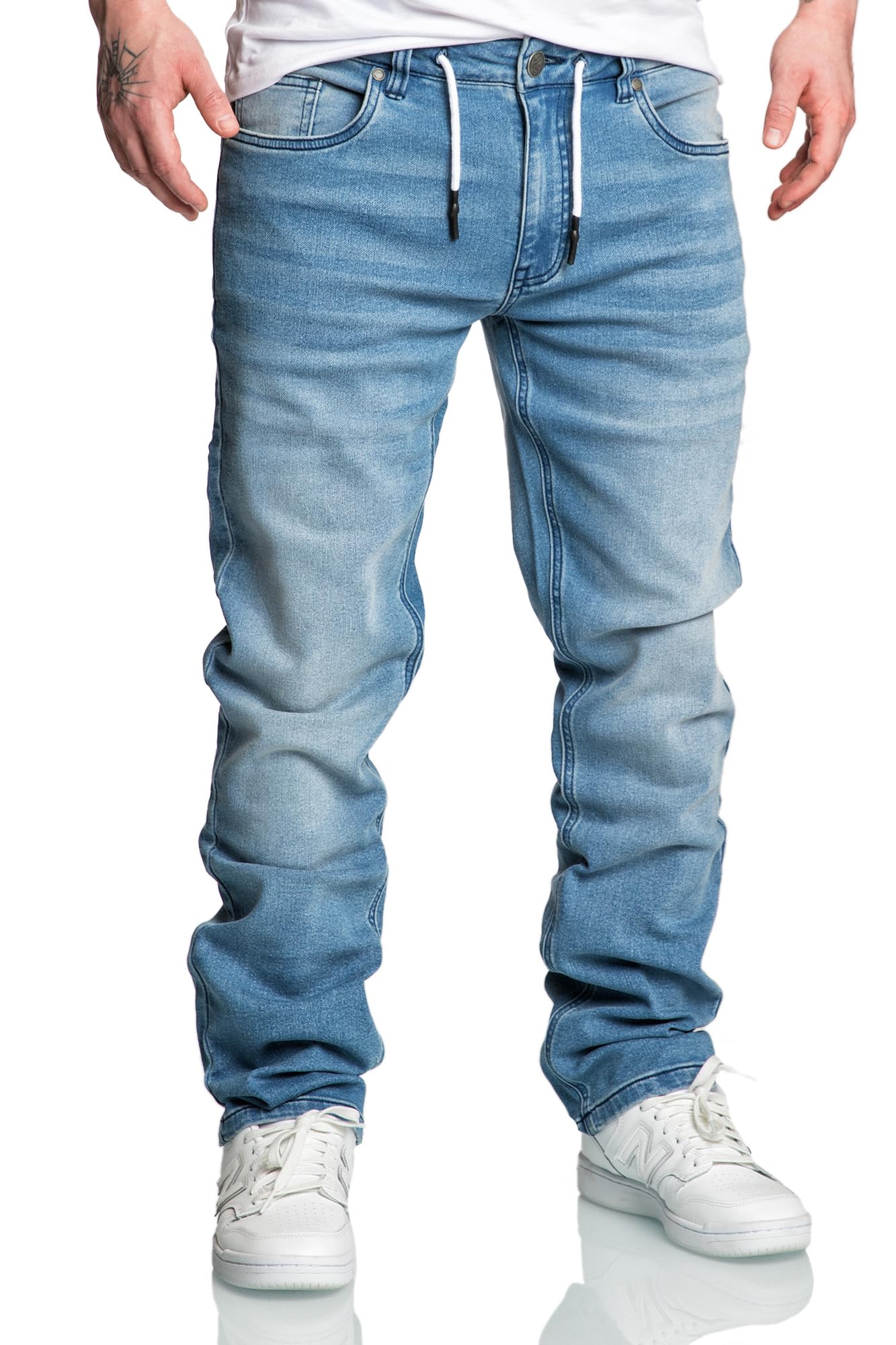 Amaci&Sons Herren Sweathose in Stretch Denim Männer Kordel Basic Jogging Jeans 7031 Hellblau W38