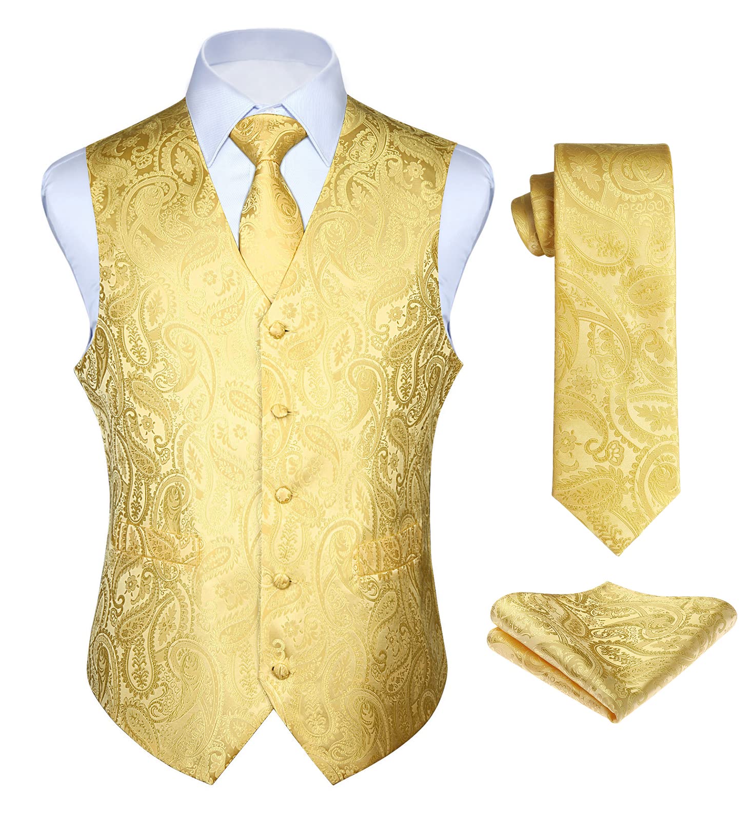 Enlision Anzugweste Gold Herren Hochzeit Paisley Westen & Krawatte Einstecktuch Party Floral Jacquard Anzug Weste Set XXL