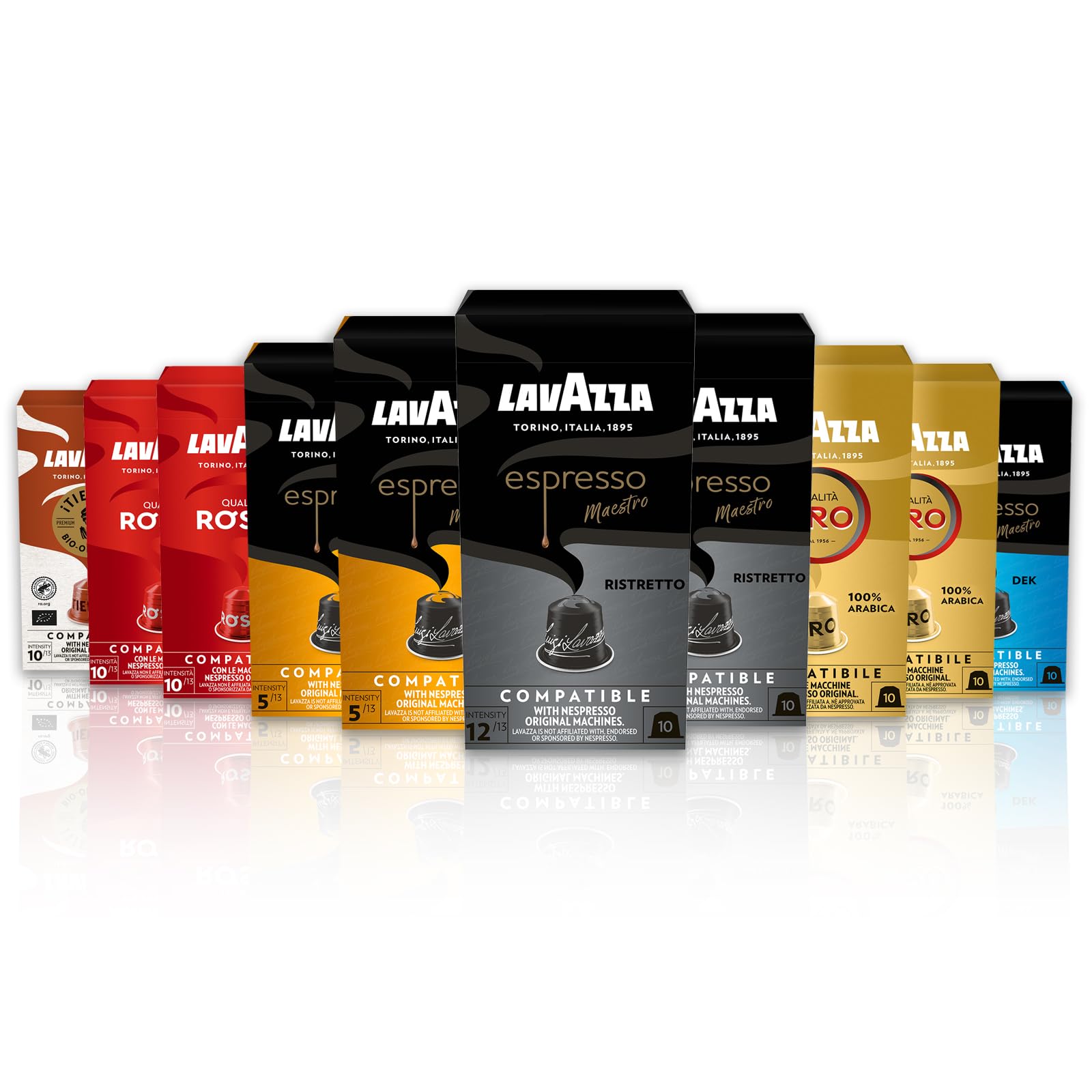 Lavazza, Variety Pack, 100 Aluminiumkapseln Kompatibel mit Nespresso Original Maschinen, Espresso Maestro Ristretto, Lungo und Dek, Qualità Oro, Qualità Rossa, Tierra for Africa