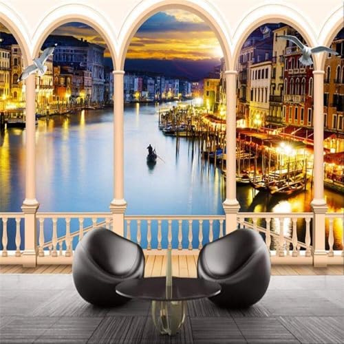 Fluss Stadt Gebäude Nachtansicht Boot 3D Tapete Poster Restaurant Schlafzimmer Wohnzimmer Sofa TV Dekorative Wand-400cm×280cm