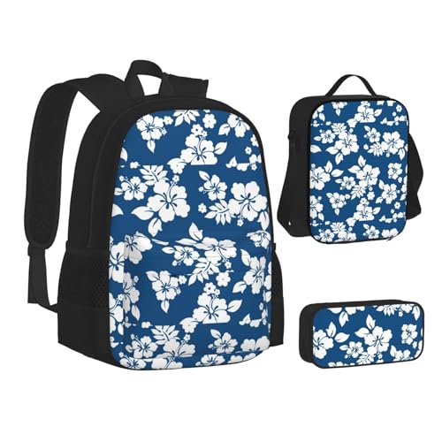 WURTON Hawaii Blumendruck Teen Rucksack Set von 3 in 1 (Federmäppchen + Schultasche + Lunchtasche Kombination)