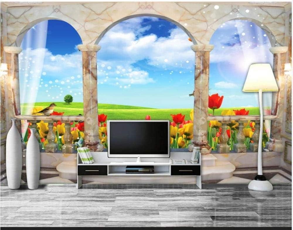 Römische Marmorsäulen Blauer Himmel Weiße Wolken Und Grasland 3D Tapete Poster Restaurant Schlafzimmer Wohnzimmer Sofa TV Dekorative Wand-200cm×140cm