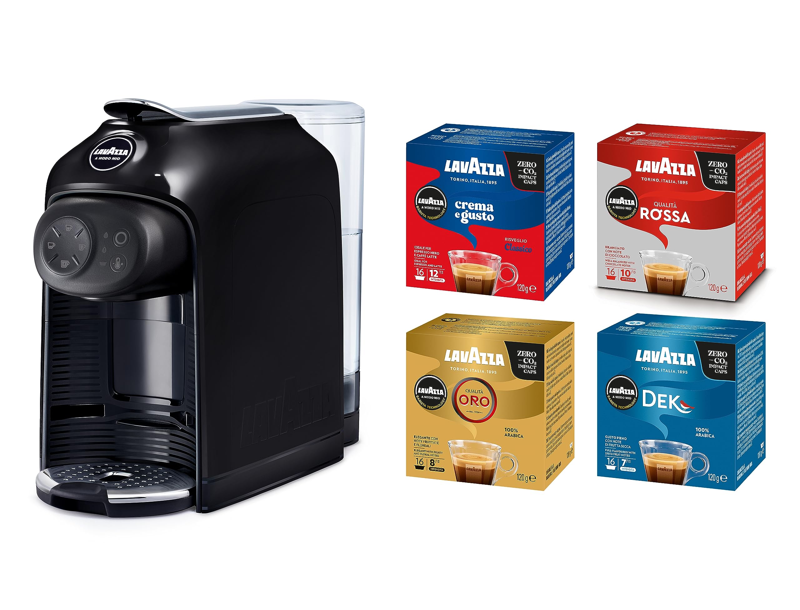 Lavazza, A Modo Mio Idola Nera Kaffeemaschine mit 64 sortierten Kapseln, kompakte und leise Espressomaschine, 1500 W, 220-240 V, 50/60 Hz, max. Kapazität 1,1 Liter Wasser