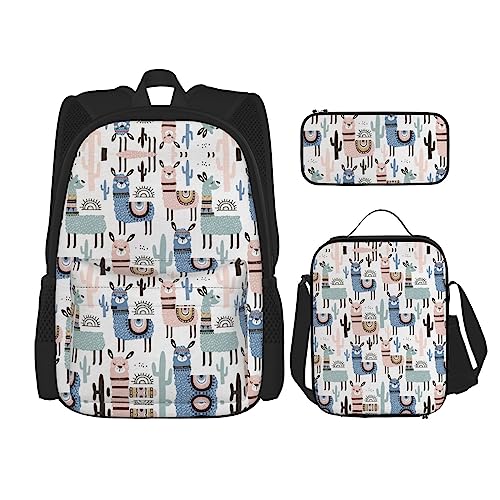 WURTON 3-in-1 Büchertaschen-Set, verstellbarer Schulter-Rucksack, Lunchtasche, Federmäppchen, Tasche, Schwarz, Einheitsgröße