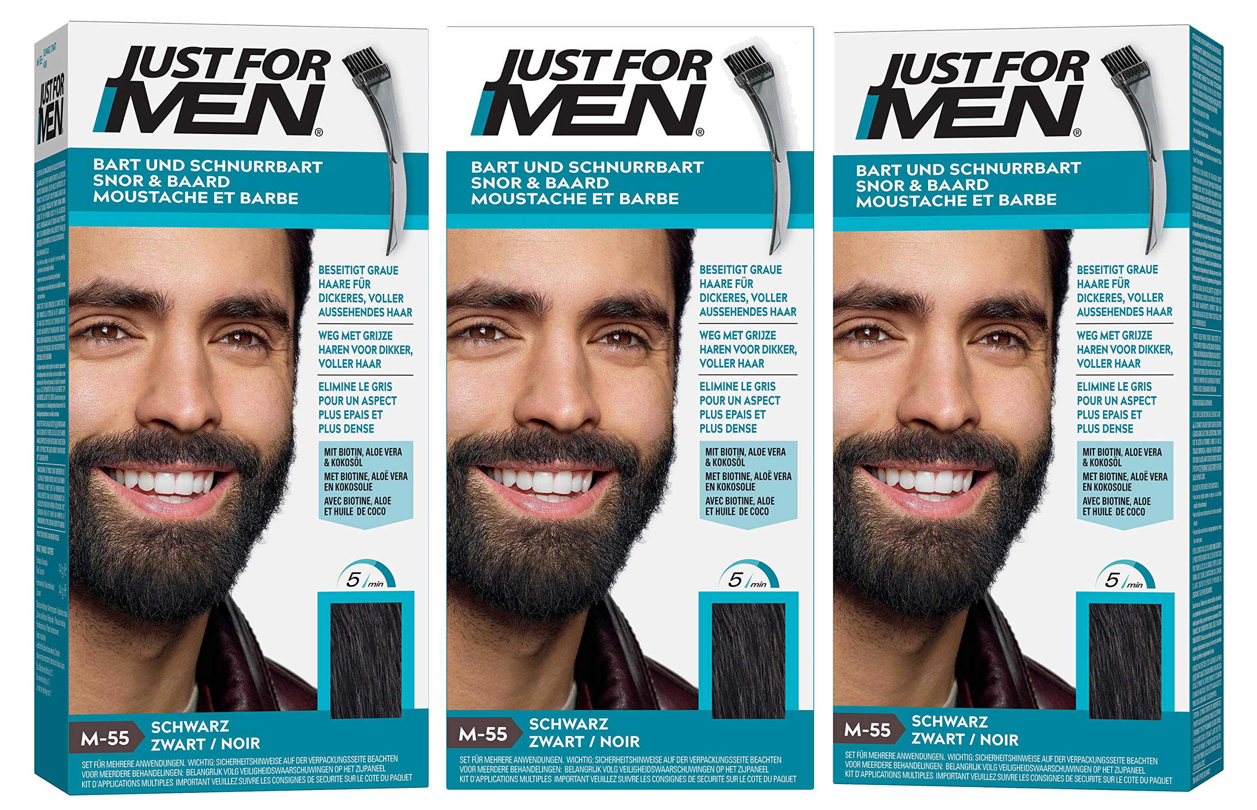 3x JUST FOR MEN Brush-In-Gel für Bart und Schnurrbart, Schwarz (je 28,4g)