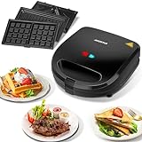 Aigostar Sandwichmaker 3 in 1,Sandwichtoaster,Tisch-Grill,Waffeleisen 3 in1,3 abnehmbare Grillplatten| American Toast, Waffeln, Fleisch | Antihaftbeschichtet | Schwarz,EINWEGVERPACKUNG