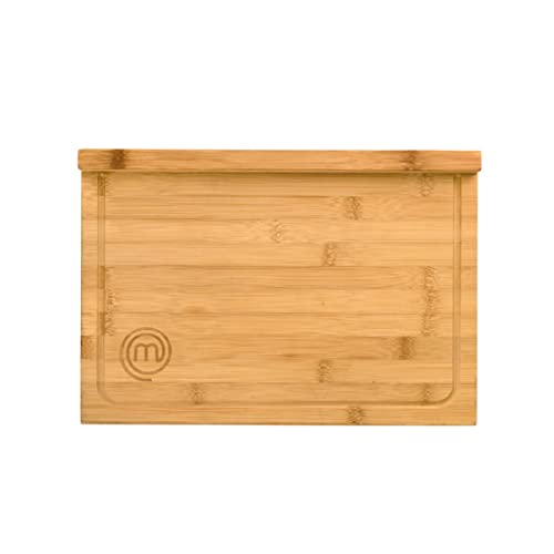 MasterChef Schneidebrett Holz, Holzbrett Küche aus Bambus, für Fleisch, Schinken, Brot, Käse, mit Saftrille und Anschlagkante, Natürlich, Nachhaltig,38.5L x 26.5W x 2H