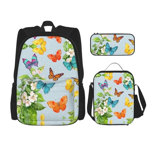 WURTON Rucksack mit fliegenden Schmetterlingen, 3-in-1, Büchertasche, Set mit Lunchbox, Federmäppchen, Reise, Laptop, Tagesrucksack