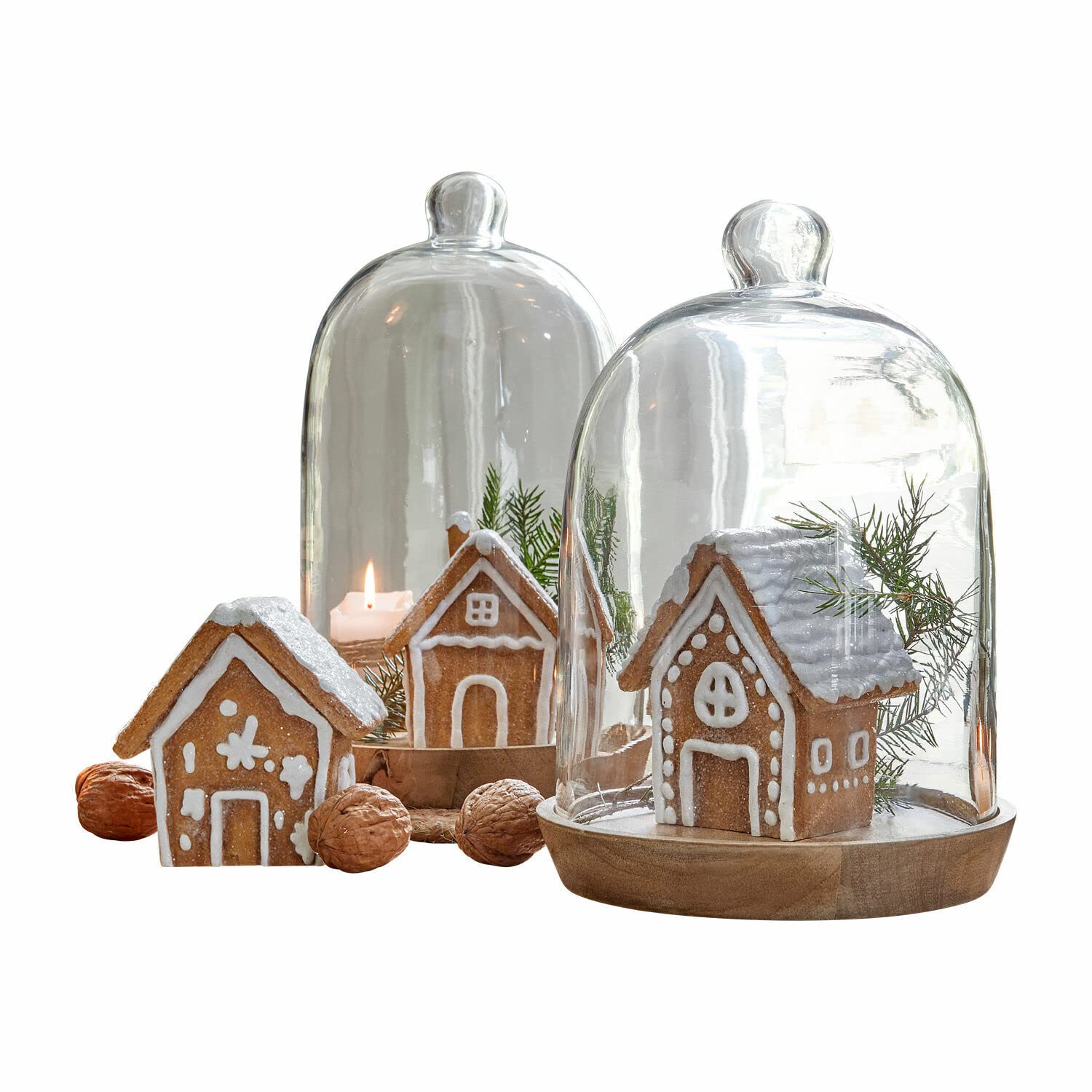 Loberon Lebkuchenhaus 3er Set Bichette, mit Glitzerschnee-Optik, Festdekoration, Weihnachtsdekoration, Weihnachten, Polyresin, braun/weiß