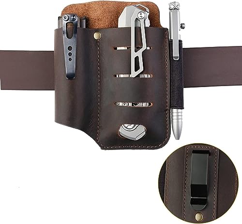 VIPERADE PJ15 EDC Lederscheide, Taschenlampenholster/Taschenmesserscheide/Taktische Stiftscheide/für Leatherman Multitoolscheide, Messerorganisator Lederscheide mit Taschenclip (Braun)