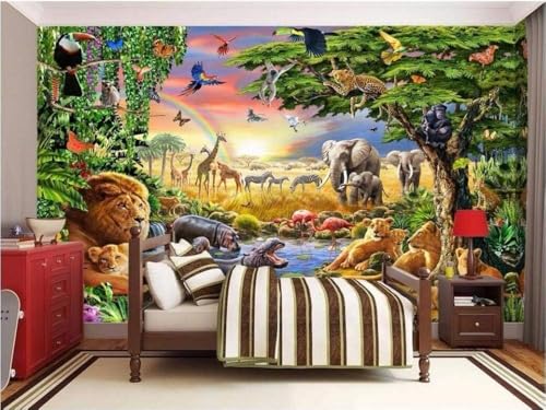 Graslandtiere Löwe Elefant 3D Tapete Poster Restaurant Schlafzimmer Wohnzimmer Sofa TV Dekorative Wand-200cm×140cm