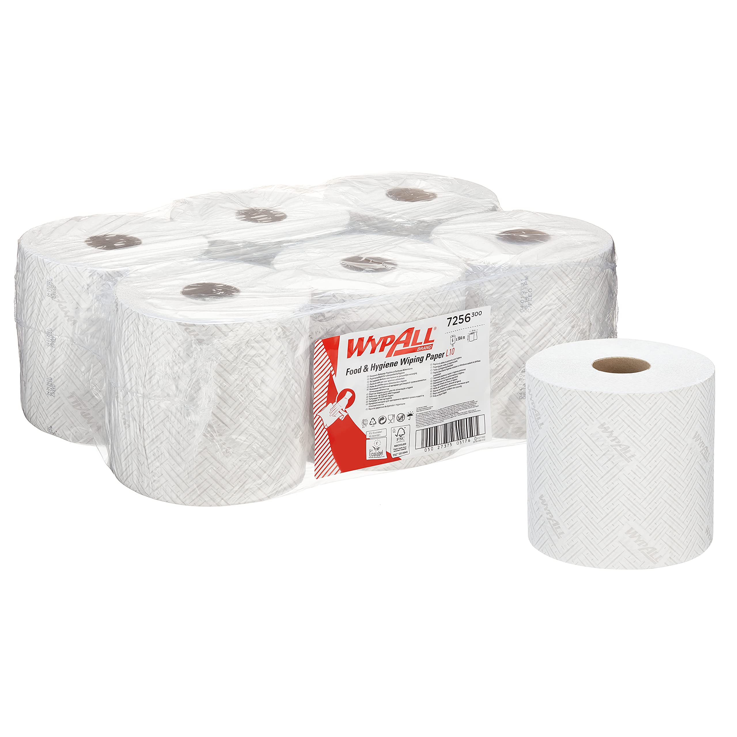 WypAll L10 Papierreinigungstücher für Lebensmittel und Hygiene 7256 – 1-lagige Reinigungstücher, weiß – 6 Rollen mit Zentralentnahme x 800 Papierreinigungstücher (insges. 4.800)