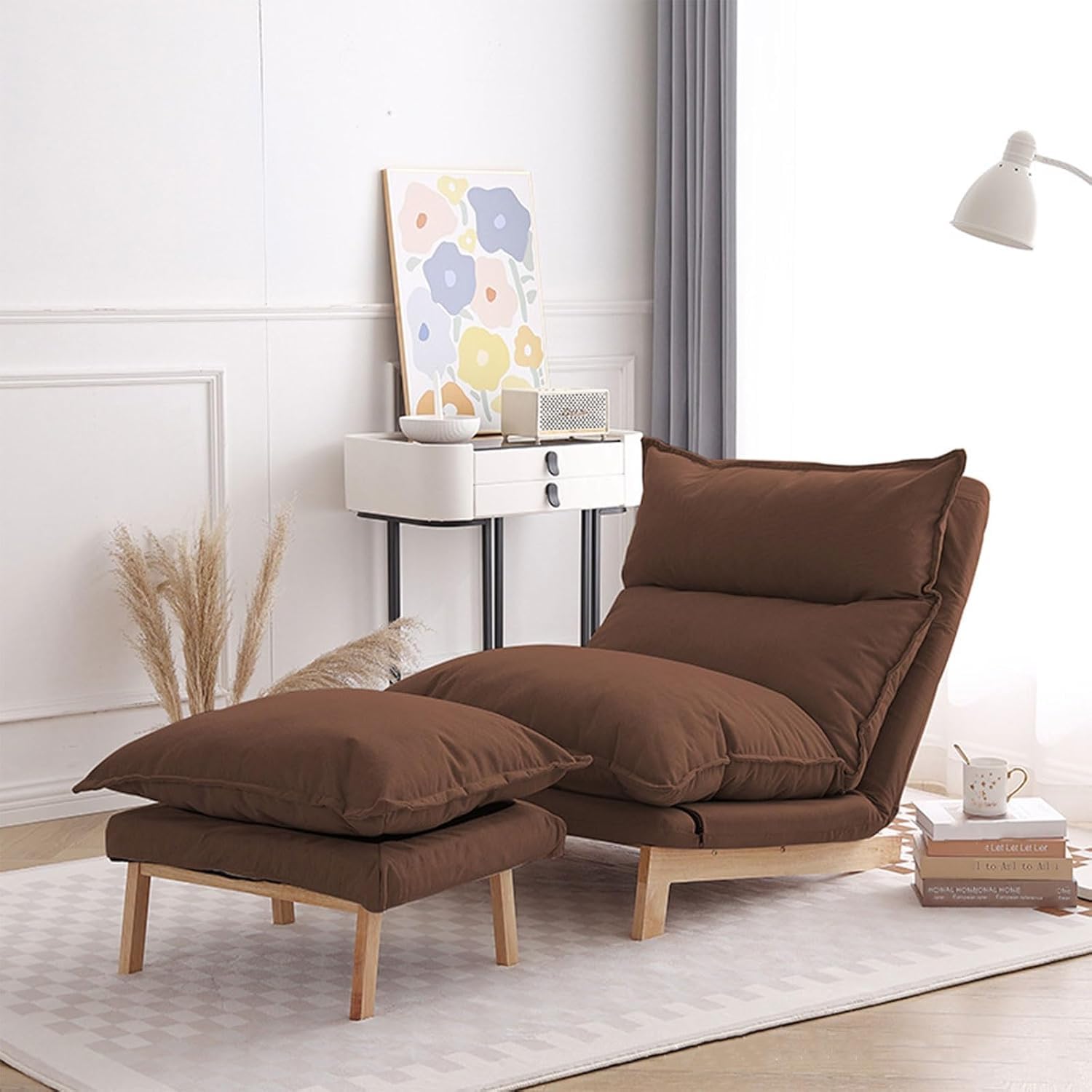 Akzentstuhl mit Ottomane, 2er-Set, Loungesessel, Wohnzimmer, bequemes Set, verstellbare Rückenlehne, Baumwoll- und Leinenmaterial, Lazy Chair mit Ottomane, Braun, Einheitsgröße