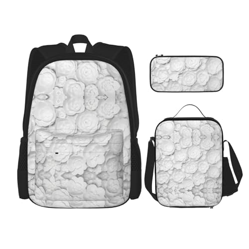 WURTON Schulrucksack mit 3D-Blumendruck, 3-in-1 Büchertasche-Set mit Lunchbox, Federmäppchen, Reise, Laptop, Tagesrucksack