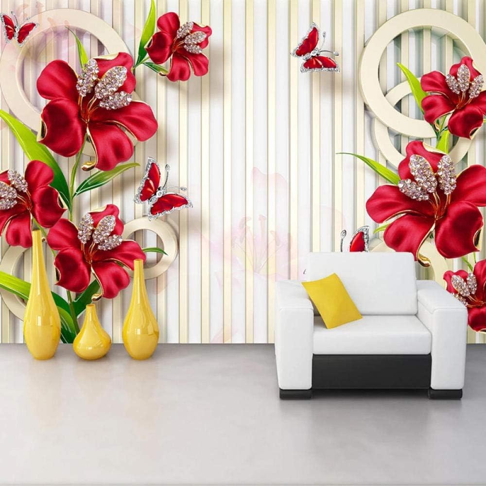 Schmuck Diamanten Rote Blumen Schmetterlinge 3D Tapete Poster Restaurant Schlafzimmer Wohnzimmer Sofa TV Dekorative Wand-400cm×280cm