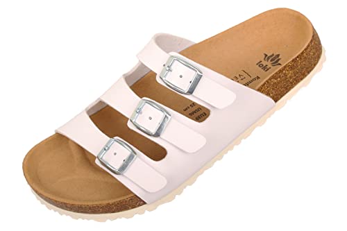 loki ANNA by Pantoletten für Damen I nachhaltig & vegan, PETA-zertifiziert I Sandalen mit flexibler EVA-Laufsohle & Memory-Korkfußbett I 3-Riemer Schlappen, Allergiker-freundlich I 40 in Weiss