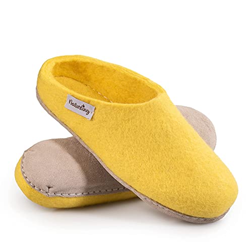 Filz Hausschuhe - Damen Hüttenschuhe mit Ledersohle - Slipper 100% Wolle handgemacht (Gelb, 36 EU, numeric_36)