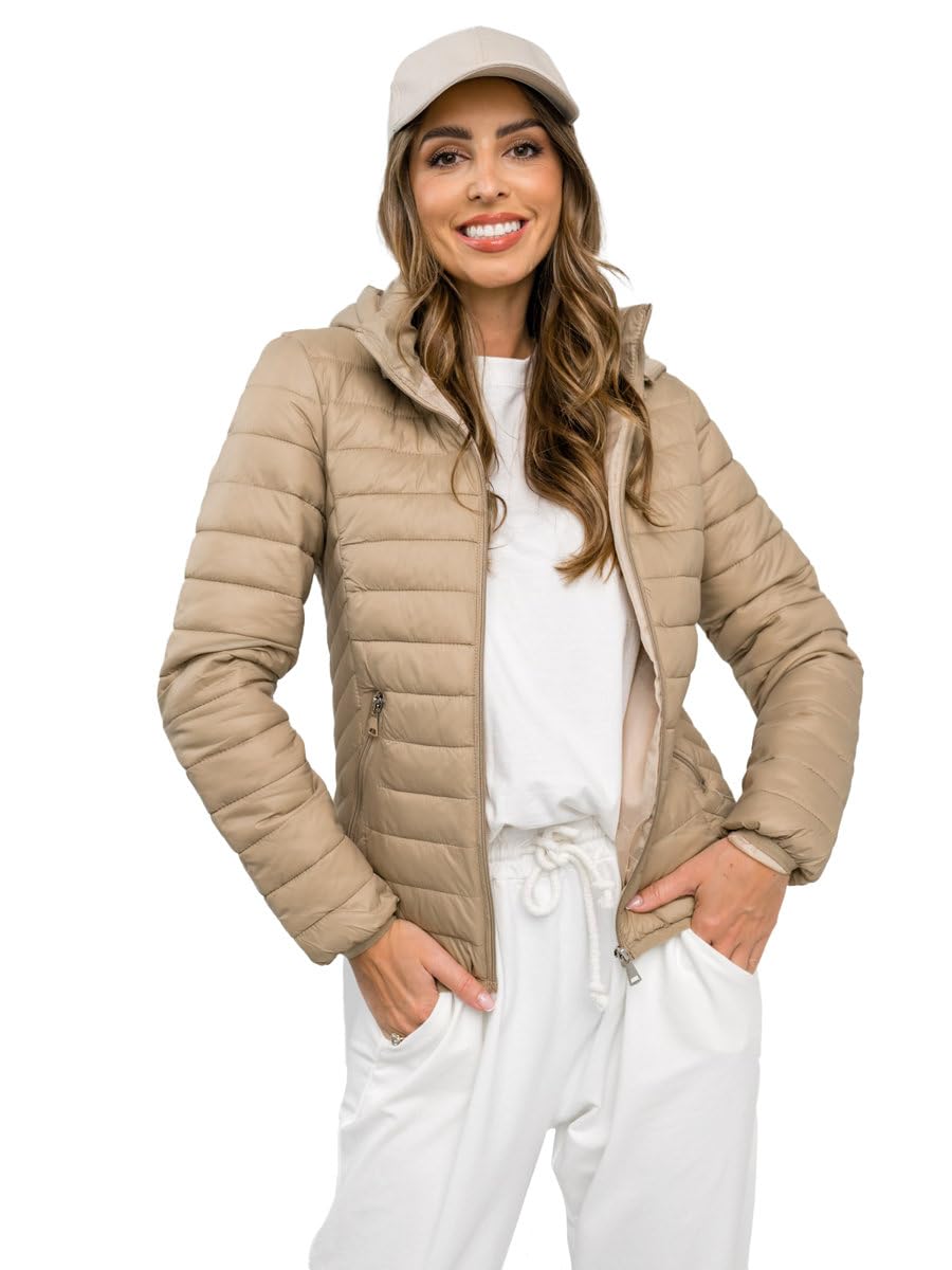 BOLF Damen Übergangsjacke Steppjacke Stehkragen Daunenjacke Reißverschluss Sportjacke Zip Wärme Freizeit Sport Basic Outdoor Casual Style B0124 Beige M [D4D]