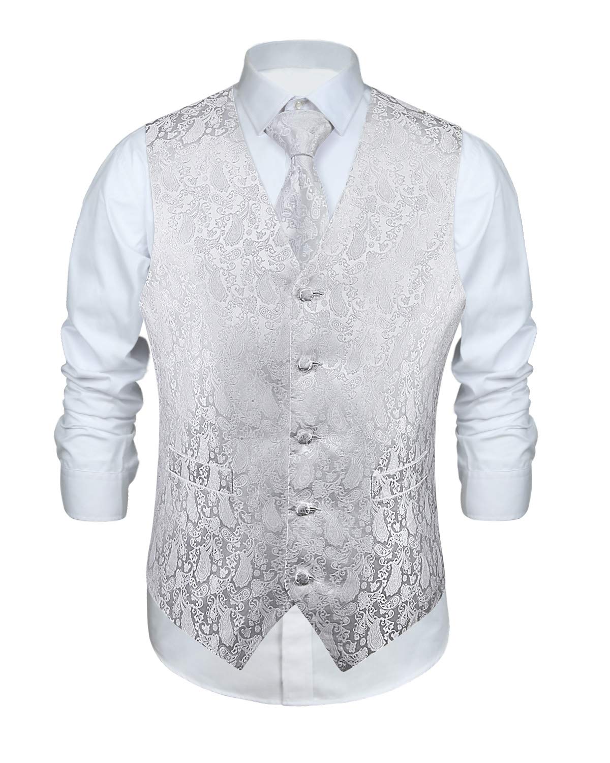 ENLISION Herren Paisley Weste Krawatte Einstecktuch Taschentuch Jacquard Weste Anzug Set, Weiß, Gr.- L(Chest size 46')