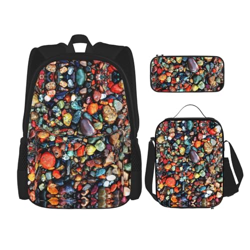 WURTON Color Stones Schulterrucksack, Hippie-Druck, 3-in-1, Büchertaschen-Set, Lunchbox, Federmäppchen, Reise-Laptop, Tagesrucksäcke, Schwarz, Einheitsgröße