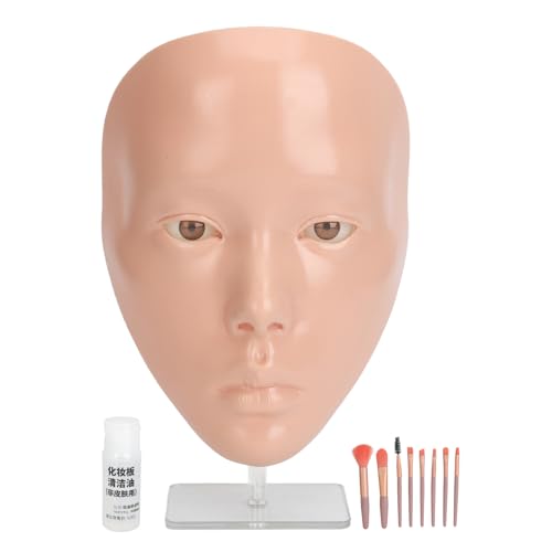 5D-Silikonsimulation Vollgesichts-Make-up-Übungspanel + Halterung + 20 ml Make-up-Entferneröl + 8-teiliges Make-up-Pinsel-Set für Anfänger zum Üben von Modellmasken (Rosa Haut)