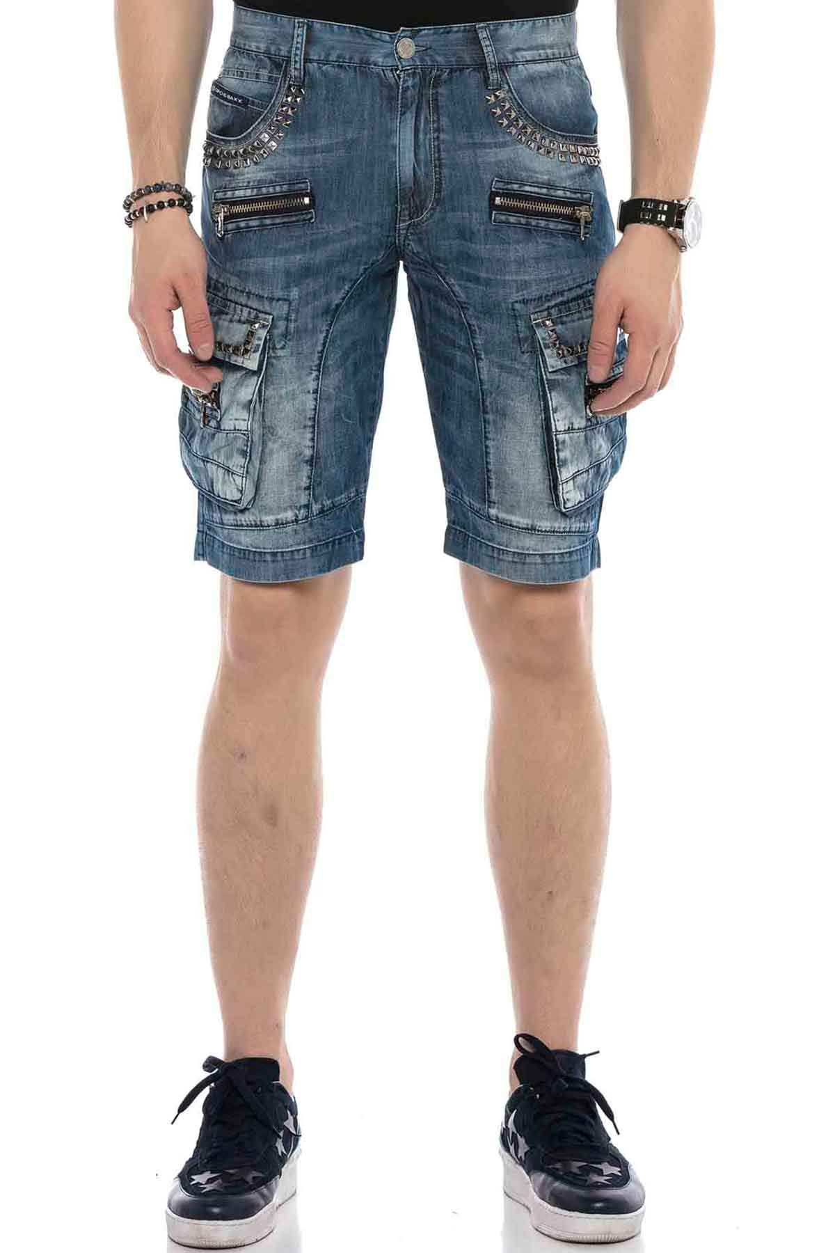 Cipo & Baxx Herren Jeans Shorts Denim Freizeit Kurze Hose Cargo Premium Nieten Bermuda Capri CK203 Blau W33