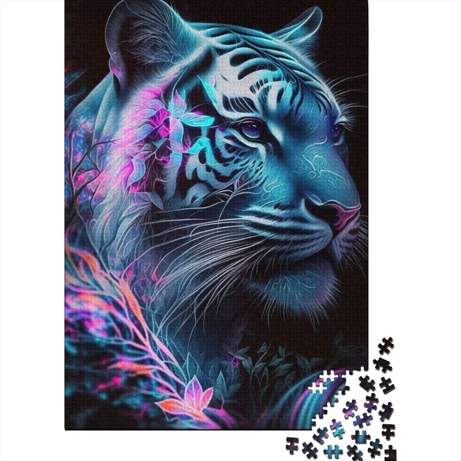 1000-teiliges Puzzle für Erwachsene Teenager, Tiger-Neon-Holzpuzzle für Erwachsene und Teenager, schwierige, anspruchsvolle Puzzles, 1000 Teile, 75 x 50 cm