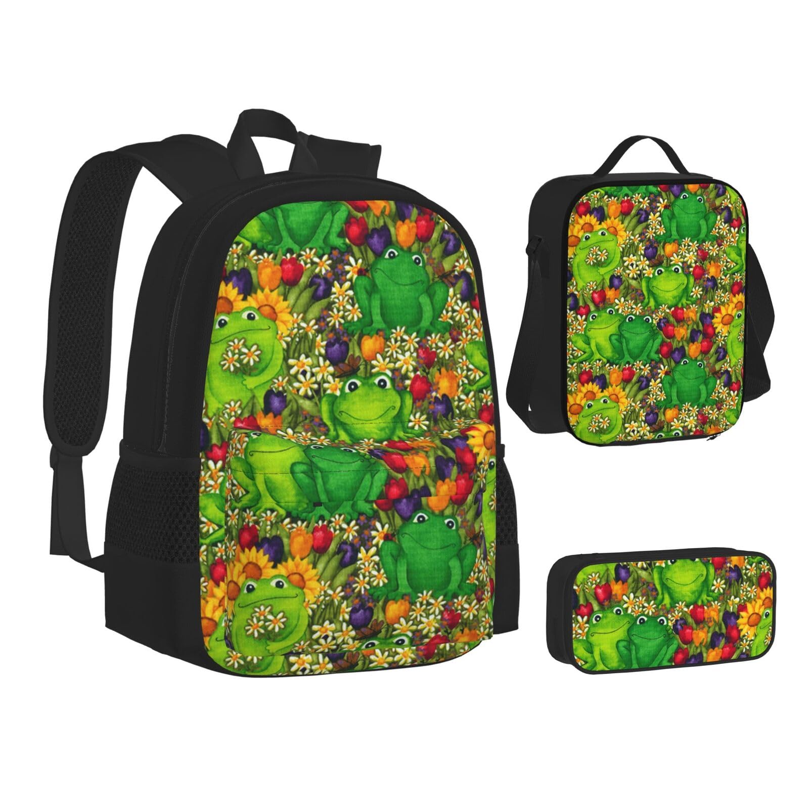 WURTON 3-in-1 Rucksack mit Frosch-Aufdruck, Set mit Federmäppchen + Schultasche + Lunchtasche