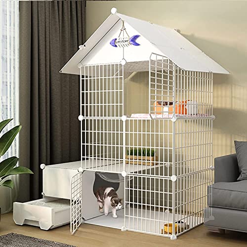 Katzenkäfig – Kaninchenkäfig für den Innenbereich, Katzenkäfig, großer Indoor-Katzenkäfig mit Katzentoilette, Katzenkäfig mit Tür und geschlossener Katzentoilette für Katzen (Set C 111 x 49 x 145 cm)