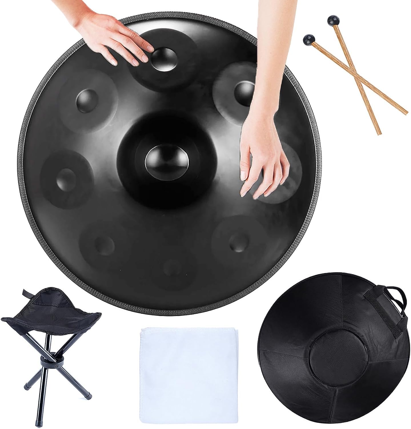 9/10/12 Hinweis Handpfannentrommel, 22 Zoll in d-Moll Handtrommel, Steel Drum Percussion mit Handpan-Ständer und weiche Handpan-Tasche, Handtrommel aus Stahl für Erwachsene,Schwarz,9 Notes